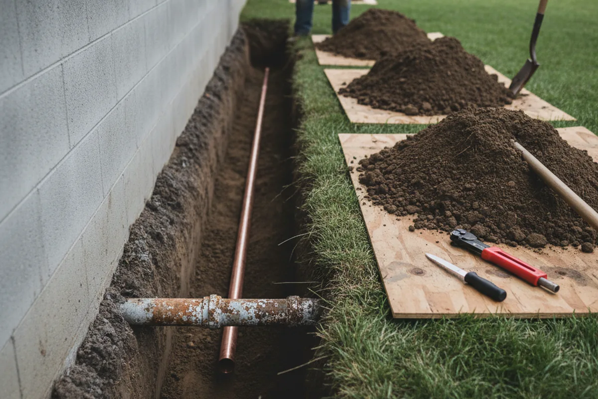 Excavated water line trench during Sewer Line Repair in Orangevale
